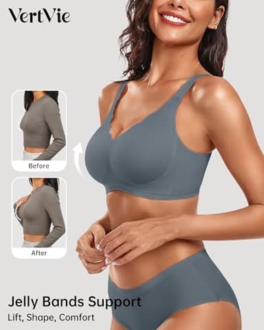 Vertvie Womens Seamless Bras No Underwire Supportive Wireless Push Up Full Coverage Bralette Comfort Scalloped T-Shirt Bra(Grey Blue,Medium) - Image 2