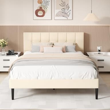 UNIZONE Queen Bed Frame with Button Tufted Headboard, Velvet Upholstered Platform Bed Frame, Mattress Foundation with Wooden Slat Support, Noise Free, No Box Spring Needed, Easy Assembly, Beige - Image 3