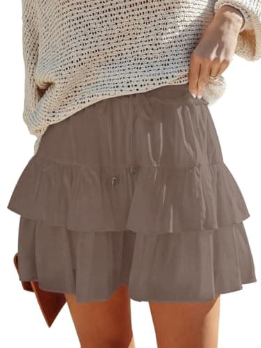 Aoudery Flowy Shorts for Women Boho Ruffled Tiered Skorts Casual High Waist Mini Skirts Tennis Golf Comfy Shorts 2025 - Light Brown S - Image 1