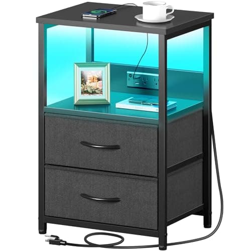 Seventable Nightstand with Charging Station, Bedside Table with LED Lights, Night Stand with 2 Fabric Drawers, 3-Tier Storage End Table for Bedroom, Black - Image 1