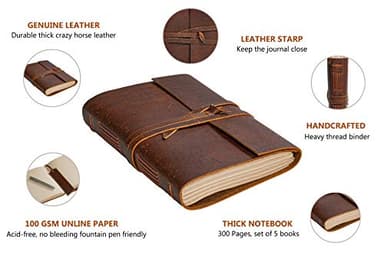 Leather Notebook - Rustic Handmade Vintage Leather Bound Journals for Men and Women - Leather Craft Unlined Paper 300 Pages, Leather Book Diary Pocket Notebook, Diary to Write in (7.5" x 10" Inch) - Image 2