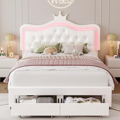 Keyluv Full Upholstered LED Bed Frame with Storage Drawer, Leather Princess Platform Bed with Adjustable Crystal Button Tufted Crown Headboard, Solid Wooden Slats Support, No Box Spring Needed, White - Image 2