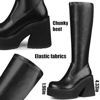 AMINUGAL Womens Elastic Knee High Boots Platform Chunky Block High Heel Sock Boots Zipper Round Toe Fashion Motorcycle Combat Punk Boots For Women Black size 8 - Image 3