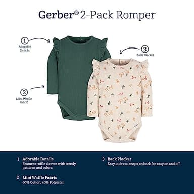 Gerber Baby Girls 2-Pack Long Ruffle Sleeve Onesies, Mushrooms, 6-9 Months - Image 6