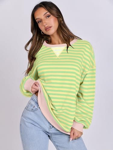 ANRABESS Women Striped Sweatshirts Oversized Crewneck Long Sleeve Shirts Y2K Pullover Top 2025 Fall Outfits Fashion Clothes Light Yellow Green Large - Image 3