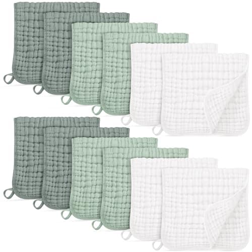 Unnivoll Muslin Burp Cloths for Baby 100% Cotton Burping Cloths for Boys Girls Large 20''X10'' Extra Soft and Absorbent 12 Pack - White and Green - Image 1