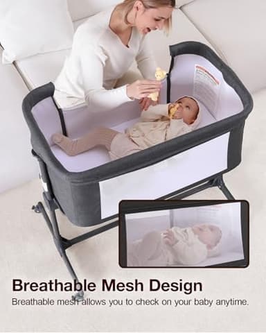 Larex Baby Bassinet, 3 in 1 Bassinets Bedside Sleeper for Newborn, Portable Crib Adjustable 7 Height Bedside Bassinet with Mattress and Wheels Dark Grey - Image 2