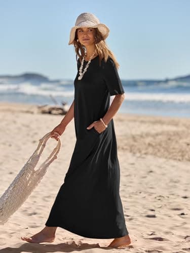 MEROKEETY Women's 2025 Summer Maxi Dress Casual Short Sleeve Beach Vacation Crewneck Basic Long T Shirt Dresses, Black, Small - Image 2