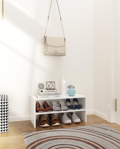 LOWOSA 2-Tier Stackable White Shoe Rack, Wooden 2-Shelf Shoe Organizer Freestanding Shoe Storage Stand for 6-9 Pairs, Perfect for Closet, Entryway, Office Use - Modern White - Image 2