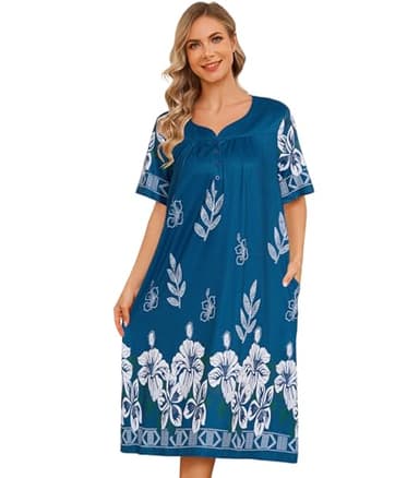 House Dresses for Women Short Sleeve with Pockets Floral Print Mumu Nightgown Lounge Dress - Image 1