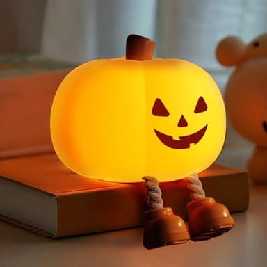 Pumpkin Night Light for Kids Cute Jack O Lantern Halloween Decor Nightlight for Baby Nursery Toddler Squishy Pumpkin Lights Cordless Rechargeable Dimmable Silicone Bedside Lamp Halloween Gifts - Image 1