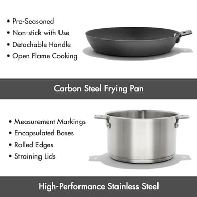 OXO Outdoor 8 Piece Camping Cookware Set, 10" Pre-Seasoned Carbon Steel Frying Pan Skillet, 2.25QT and 5QT Stainless Steel Saucepans with Lids, Removeable Handle, Trivet, Travel Bag, Space-Saving - Image 4