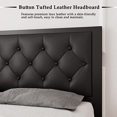 Feonase Full Size Metal Bed Frame with Faux Leather Button Tufted Headboard, Heavy-Duty Platform Bed Frame with 12" Storage, Steel Slats Support, No Box Spring Needed, Noise Free, Black - Image 5