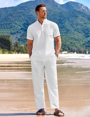 COOFANDY Men's 2 Pieces Cotton Linen Set White Henley Shirt Short Sleeve and Casual Beach Pants Summer Yoga Outfits - Image 7