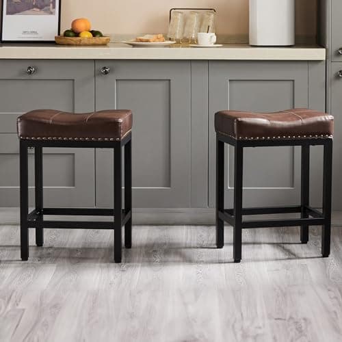 Sweetcrispy Bar Stools Set of 2, 24 Inch Counter Height Stools, PU Leather Upholstered Bar Chairs with Footrest, Modern Bar Stools for Kitchen Island, Dining, Living Room, Brown - Image 1