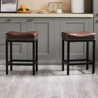 Sweetcrispy Bar Stools Set of 2, 24 Inch Counter Height Stools, PU Leather Upholstered Bar Chairs with Footrest, Modern Bar Stools for Kitchen Island, Dining, Living Room, Brown - Image 1