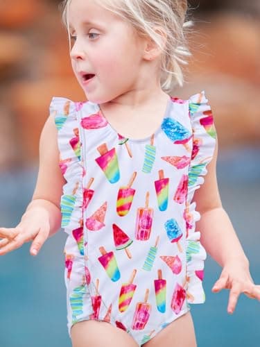 RAISEVERN Baby Girls Swimsuit Ruffles Bathing Suits 3T Cute Cartoon Colorful Ice Cream Beach Sport White Summer One Piece Swimwear Backless Quick-Dry Swimming Bodysuit for 4t Little Girl - Image 2