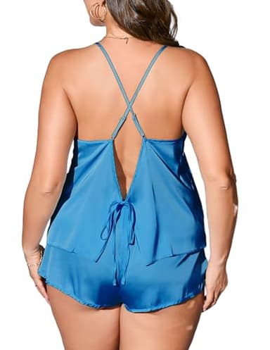 Ekouaer Silk Pajamas Set for Women Satin Backless Lingerie Pjs Cami Top and Shorts Nightwear Blue - Image 5