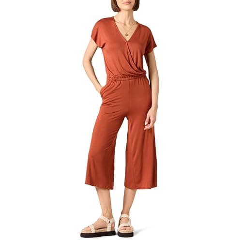 Amazon Essentials Women's Short-Sleeve Surplice Cropped Wide-Leg Jumpsuit with Elastic Waist, Clay, X-Large - Image 1