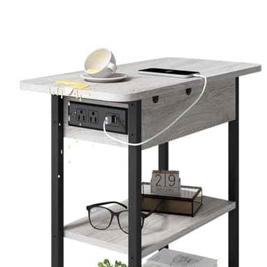 LIDYUK End Table with Charging Station, Set of 2 Flip Top Narrow Side Table for Small Spaces, Nightstands Set of 2 for Bedroom, End Tables Living Room with Storage Shelves, Light Grey - Image 5