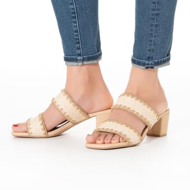 N.N.G Women Heels Sandals Straw Braided Beige size 9 Low Block Dressy Mules Chunky Comfortable Summer Two Strap Leather Square Open toe Short Slide - Image 8