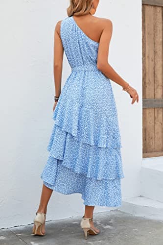 PRETTYGARDEN Women's Summer Floral Sundress Casual One Shoulder Tiered Ruffle Flowy Midi Beach Boho Dresses (Floral Light Blue,X-Large) - Image 4
