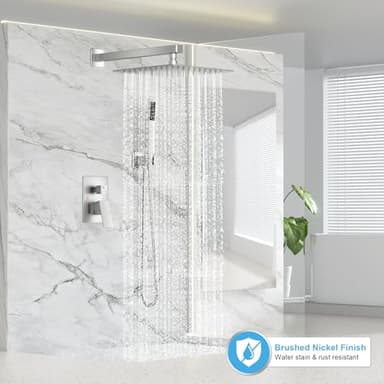 FPXRNG Shower Faucet Set Bathroom Square Rain Shower Head and Handle Set, Wall Mounted Shower Fixtures, Full Metal Trim Repair Kit 10 inch Brushed Nickel (With Shower Valve) - Image 2