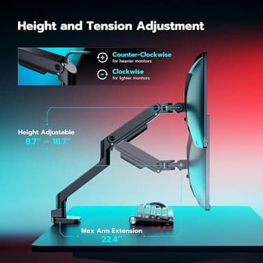ARES WING Ultrawide Monitor Arm for 17 to 49 Inch Heavy Duty Curved Screen, Holds 44 Lbs, Adjustable Gas Spring Monitor Arm Desk Mount with C Clamp, Grommet Base, 75/100 Vesa Mount, Black - Image 5