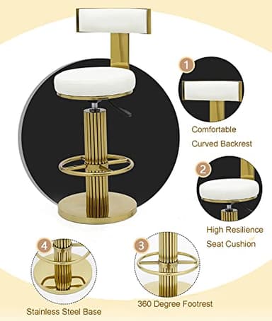 FUNROLUX Counter Height Bar Stools with Back, Modern Adjustable Height Barstools Swivel Bar Chairs with Polished Gold Stainless Steel Legs and Comfortable Cushion for Kitchen Island Counter (White) - Image 4