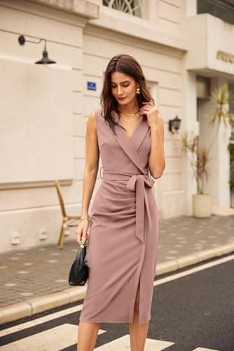 GRACE KARIN Women's Wear to Work Sleeveless Ruched Bodycon Office Pencil Midi Dresses with Belt - Image 2