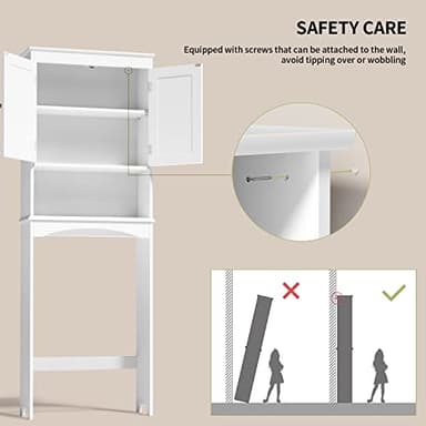 Gizoon Over The Toilet Storage Cabinet with Adjustable Shelf and Double Doors, Bathroom Space Saver Organizer Above Toilet with Open Shelf, Taller Wooden Free Standing Toilet Rack -White - Image 6