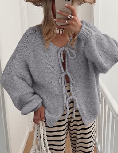 PRETTYGARDEN Women's Tie Front Bow Cardigan Sweaters Chunky Knit Long Puff Sleeve Trendy Fall Winter Jacket Coats (Grey,Small) - Image 7