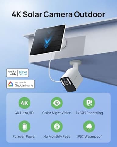 Anona Aurora 4K Solar Security Cameras Wireless Outdoor, Forever Power with Solar Panel, 8MP Color Night Vision, 24/7 AOV Recording, No Monthly Fees, AI Detection, Easy Setup, 2.4 G WiFi, IP67, 4 Pack - Image 2