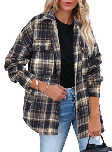 Beaully Women's Flannel Plaid Shacket Long Sleeve Button Down Shirts Jacket Coats with Side Pockets 6017F Dark Blue Black XL - Image 2