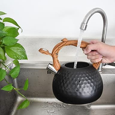 GGC Tea Kettle for Stove Top, Loud Whistling Kettle for Boiling Water Coffee or Milk, 3.1 Quart 3L Heavy Stainless Steel Black Kettle with Wood Pattern Handle, Unique Button Control Kettle Outlet - Image 6
