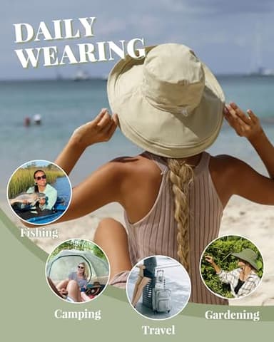 Sun Hats for Women Gardening Hat Wide Brim Ponytail Beach Sun Protection Breathable Cotton Summer Hat with Fold-Up Brim Beige - Image 5