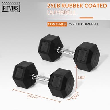 Fitvids Hex Dumbbells Rubber Coated Hand Weights Pairs for Exercises and Fitness, 25 LB Pair - Image 2