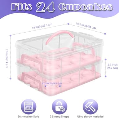 Jellydog Toy Cake Carrier with Lid, Two Tier Handle Cupcake Carrier, Stackable Cupcake Holder Container for 24 Cupcakes, Cake Carrier with Trays, Dessert Container for Cake Pie Muffin Cobbler, Pink - Image 6