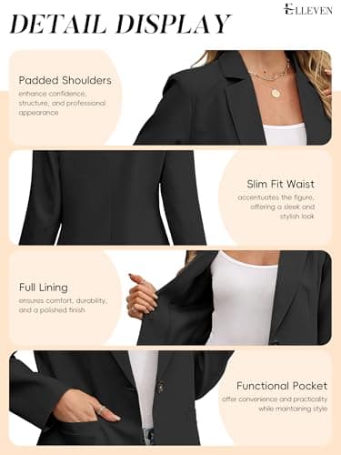 ELLEVEN Blazers for Women Business Casual Work Office Long Sleeve Lightweight Button Pockets Notched Lapel Collar Slim Fit Professional Suit Jacket Coat Outfits Padded Shoulder Black Small - Image 5