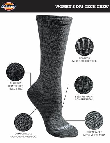 Dickies Women's Dri-Tech Fashion Moisture Control Crew Socks, Available in S-XL (5, 6, 12 Pairs), Black Stripe (6 Pairs), Medium - Image 2