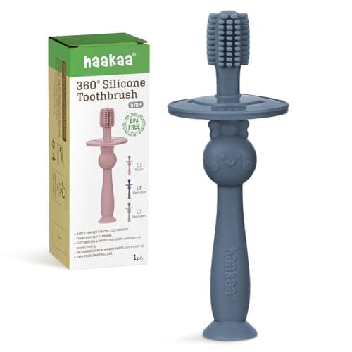 haakaa 360° Baby Toothbrush with Suction Base - Gentle Cleaning for Infant Self-Brushing Training, Food-Grade Silicone, Adjustable Safety Shield - Steel Blue (1 Piece) - Image 1