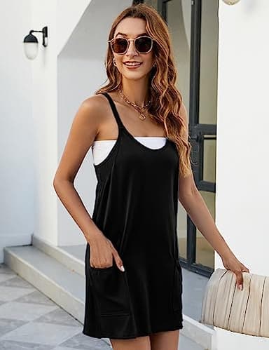 Yidarer Womens Summer Athletic Mini Dress Sleeveless Spaghetti Strap Built-in Shorts V Neck Sundress with Pockets (Black-S) - Image 8