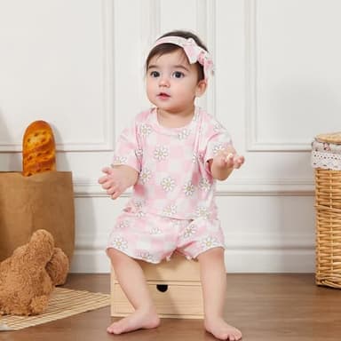 Toddler Girl Clothes Baby Girls Outfits Summer Floral Checkerboard Print Shirt+Shorts+Headband 3pcs Baby Clothing (Pink, 6-12 Months) - Image 2