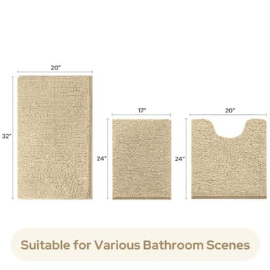 HOMEIDEAS 3 Pieces Bathroom Rugs, Ultra Soft Non Slip Absorbent Chenille Toilet Bath Mat Set (Beige) - Image 3