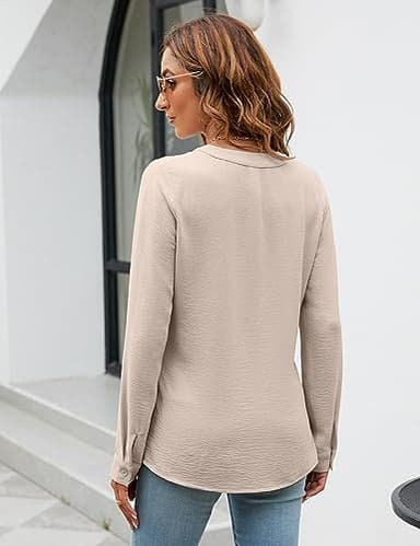 Blooming Jelly Women's Dressy Casual Blouses Business Work Tops Trendy Long Sleeve V Neck Flowy Pleated Shirts 2025 Fall Outfits (Apricot,Medium) - Image 5