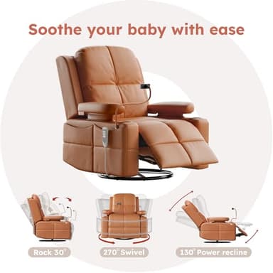 MAMAZING Rocking Chair Nursery with Adjustable Armrests, Electric Glider Recliner Nursing Chair for Breastfeeding, Power Swivel Recliner Chairs with USB Port and Storage, FSC Certified (Mocha) - Image 6