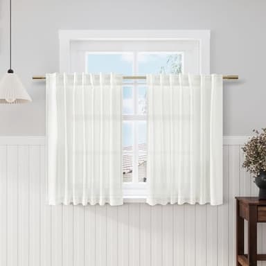 Ivory Kitchen Cafe Curtains 45 Inch Length 2 Panel Set Back Tab Rod Pocket Semi Sheer Light Filtering Short Curtain Farmhosue Small Curtains for Basement Window Bathroom Living Room 52x45 Inches Long - Image 1