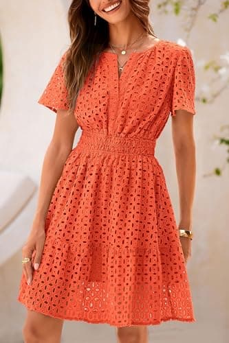 PRETTYGARDEN Womens 2025 Summer Short Dress V Neck Short Sleeve A Line Hollow Out Lace Ruffle Cute Casual Beach Party Dresses (Orange,Medium) - Image 3