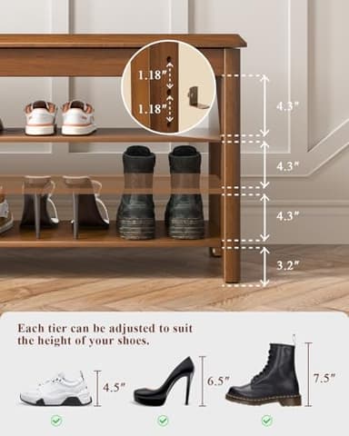IUNVR Shoe Rack Bench Seat Rubberwood 3-Tier Wooden Storage Bench 550lbs Compact Mid-Century Modern Design for Entryway, Hallway, Closet, Front Door Entrance, Foyer - Image 5