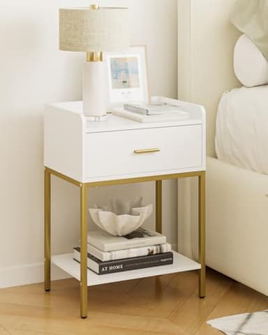 Masupu Nightstand,3-Tier Modern Bedside Night Stand with Storage Drawer and Shelf,Small End Side Table for Bedroom,Living Room,White (Without Outlet, White) - Image 3